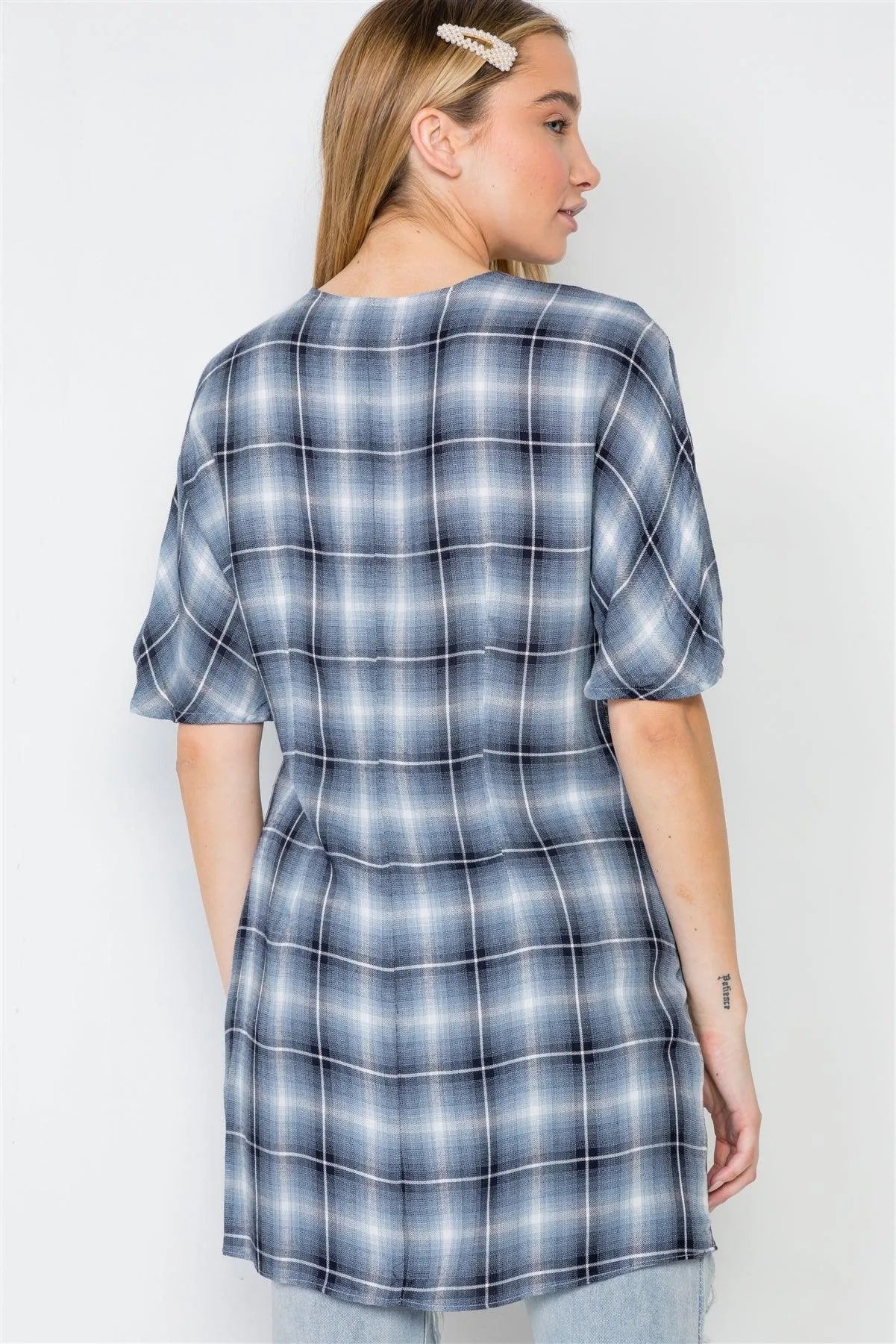 Blue Plaid Short Sleeve Front-Twist Top /3-2-1 - Tasha Apparel Wholesale