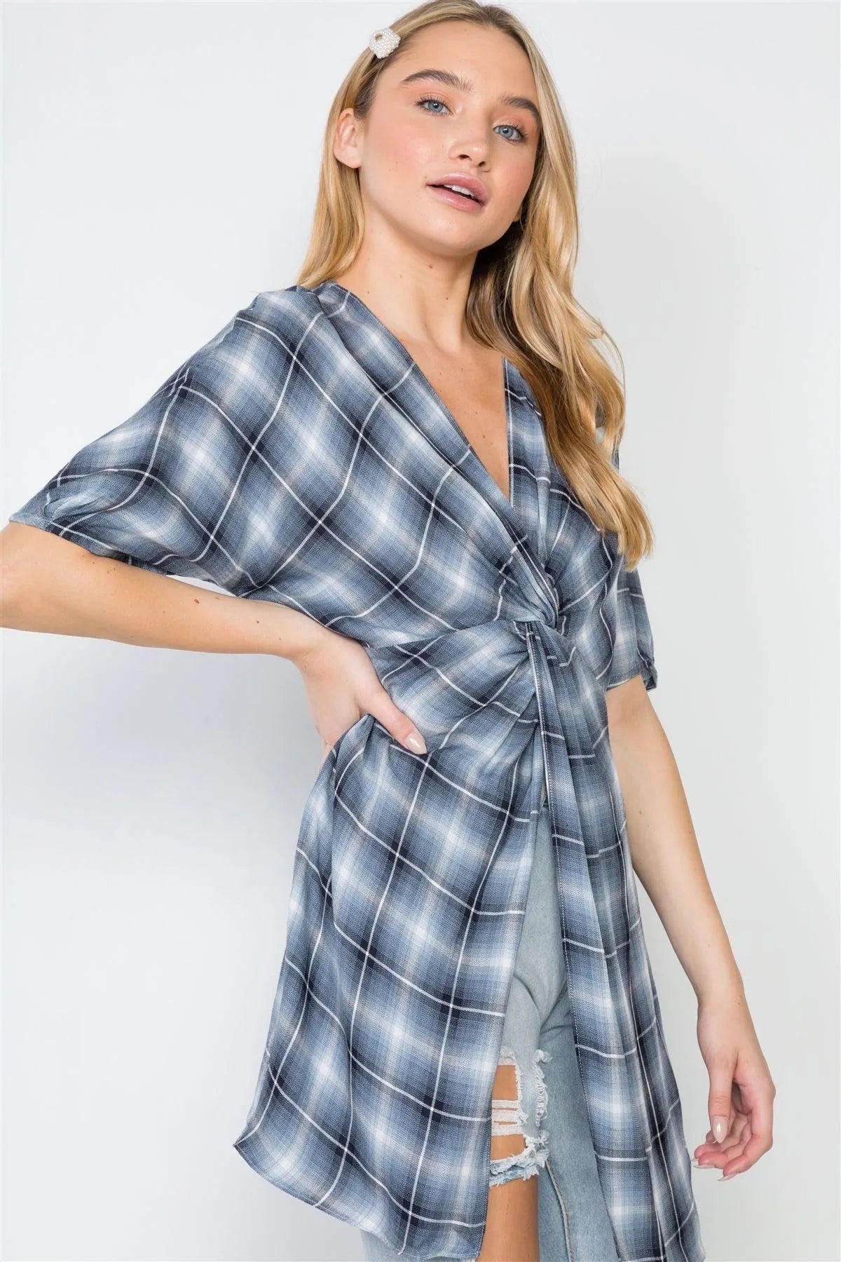 Blue Plaid Short Sleeve Front-Twist Top /3-2-1 - Tasha Apparel Wholesale