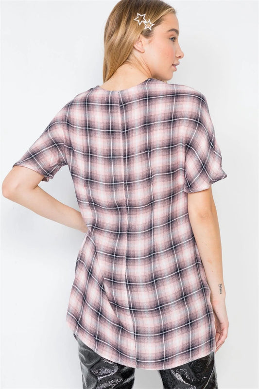 Blush Plaid Short Sleeve Front-Twist Top /3-2-1 - Tasha Apparel Wholesale