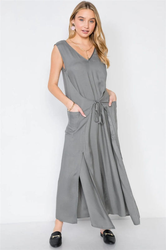 Ash Olive Side Slits Loose Fit Front-Tie Jumpsuit - Tasha Apparel Wholesale