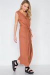 Caramel Side Slits Loose Fit Front-Tie Jumpsuit /3-1-1 - Tasha Apparel Wholesale
