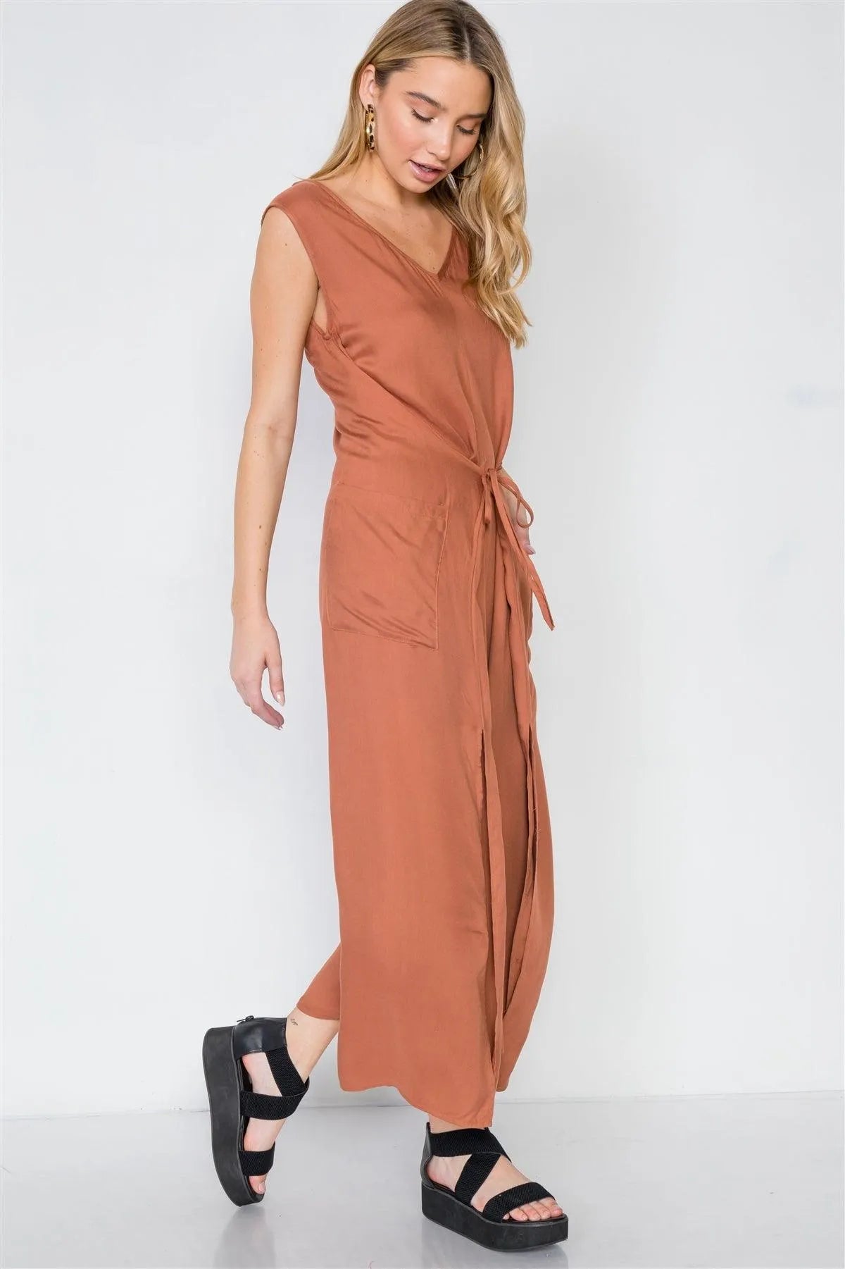 Caramel Side Slits Loose Fit Front-Tie Jumpsuit /3-1-1 - Tasha Apparel Wholesale