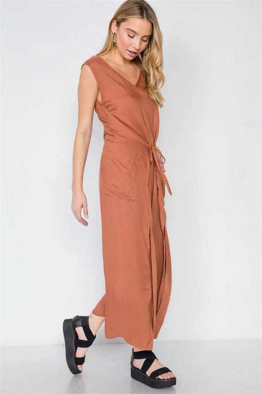 Caramel Side Slits Loose Fit Front-Tie Jumpsuit /3-1-1 - Tasha Apparel Wholesale
