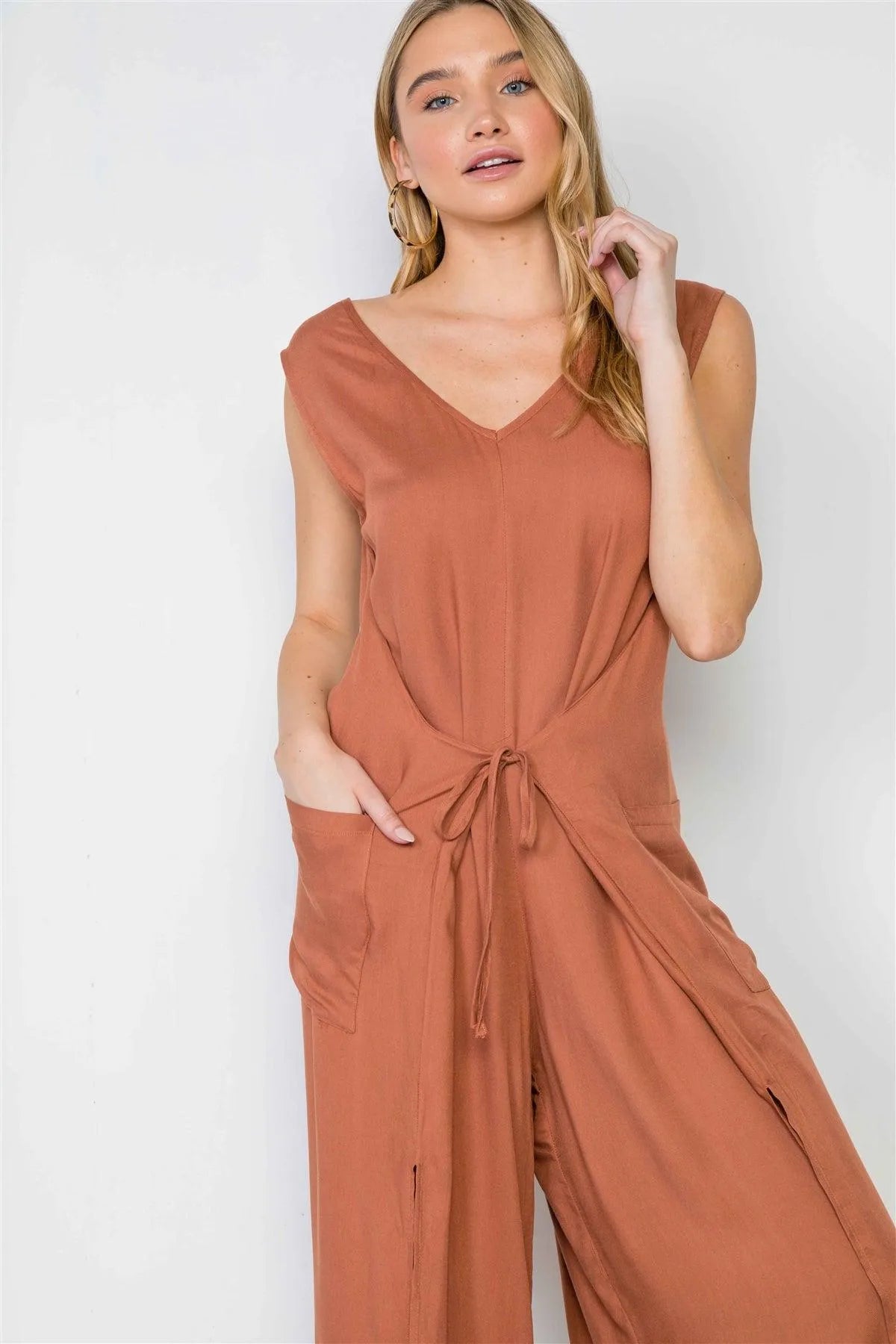 Caramel Side Slits Loose Fit Front-Tie Jumpsuit /3-1-1 - Tasha Apparel Wholesale