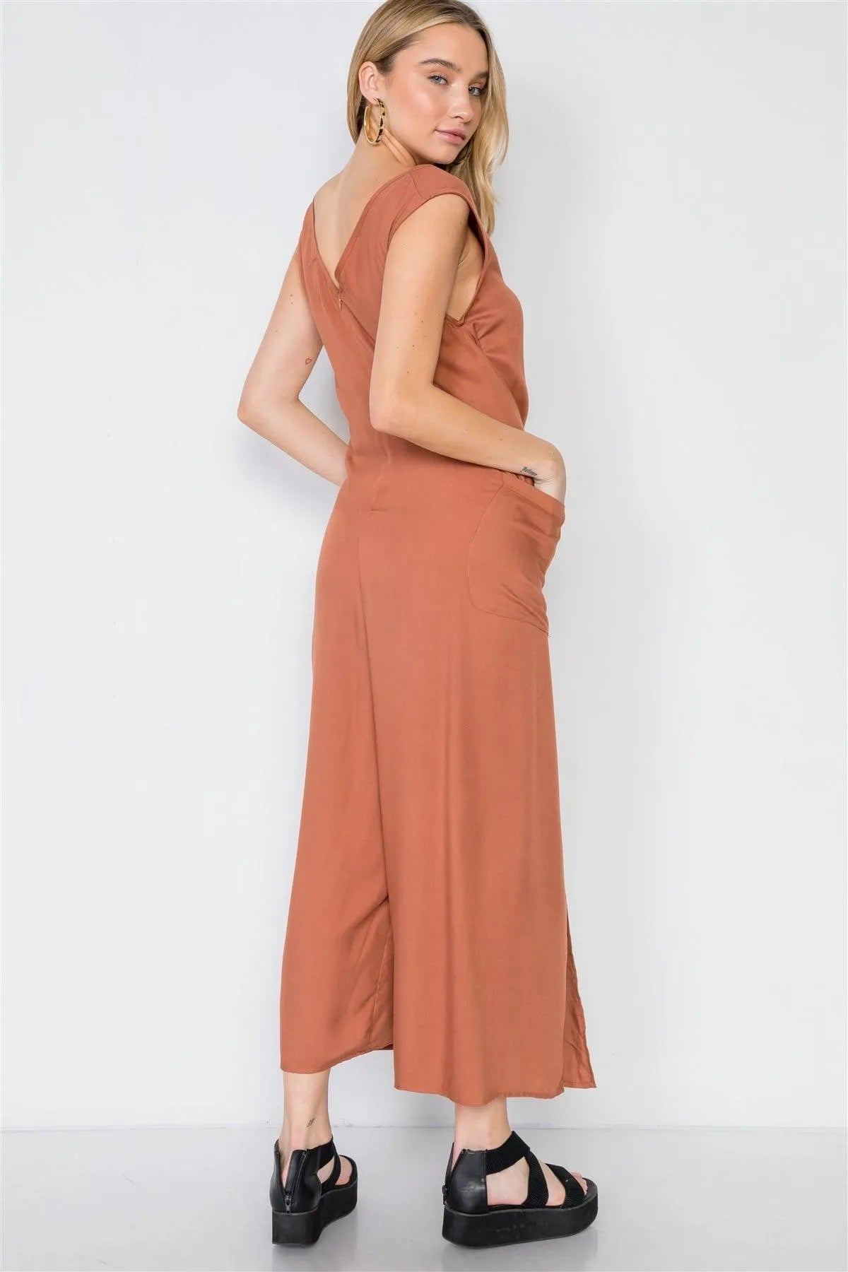 Caramel Side Slits Loose Fit Front-Tie Jumpsuit /3-1-1 - Tasha Apparel Wholesale