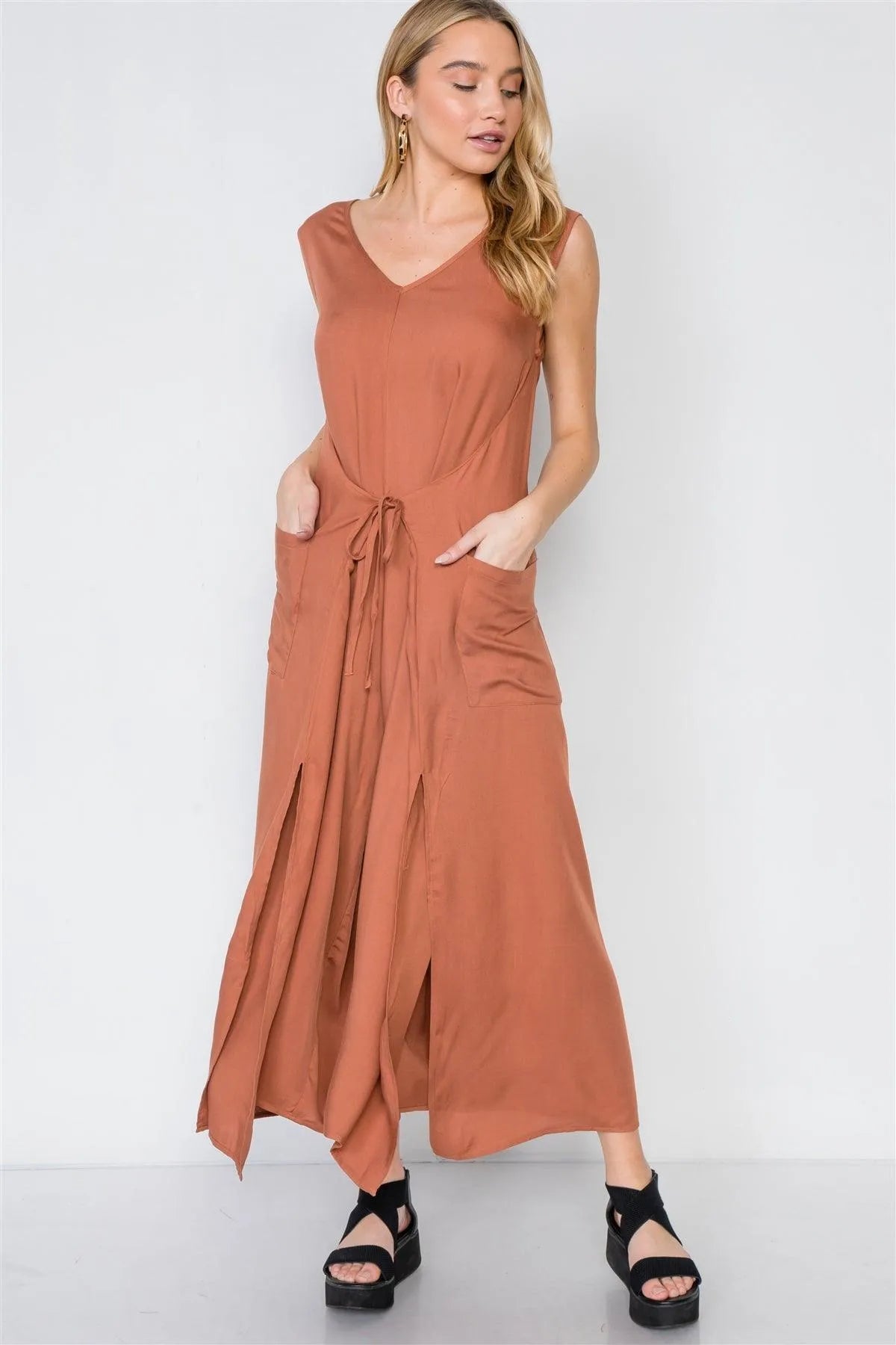 Caramel Side Slits Loose Fit Front-Tie Jumpsuit /3-1-1 - Tasha Apparel Wholesale