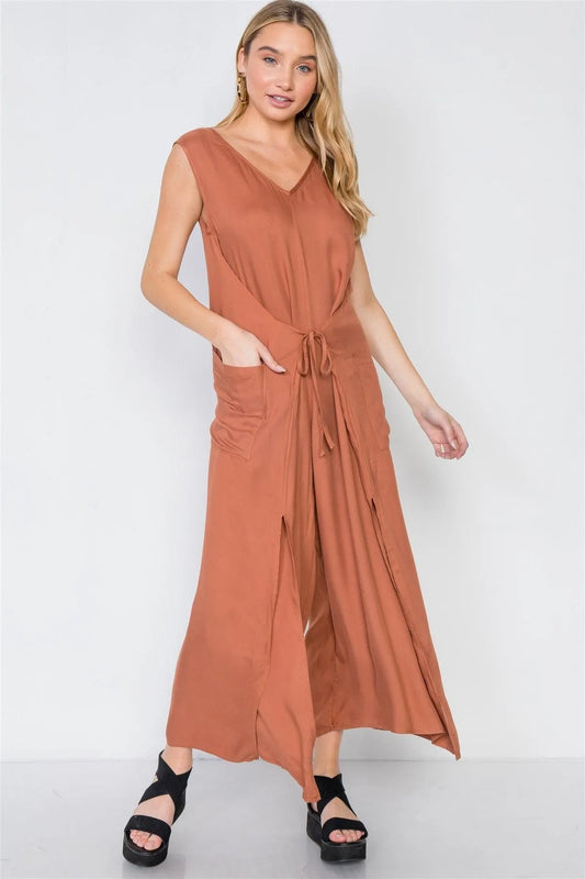 Caramel Side Slits Loose Fit Front-Tie Jumpsuit /3-2-1 - Tasha Apparel Wholesale