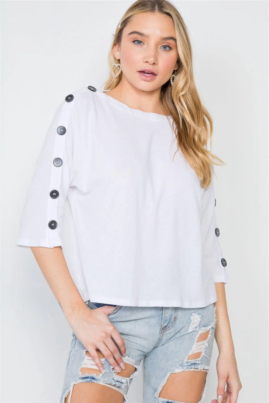 White 3/4 Sleeve Button Detail Knit Top /3-2-1 - Tasha Apparel Wholesale