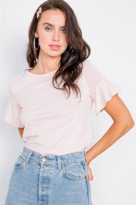 Pale Pink Sheer Shoulder Flounce Short Sleeve Top /3-2-1 - Tasha Apparel Wholesale