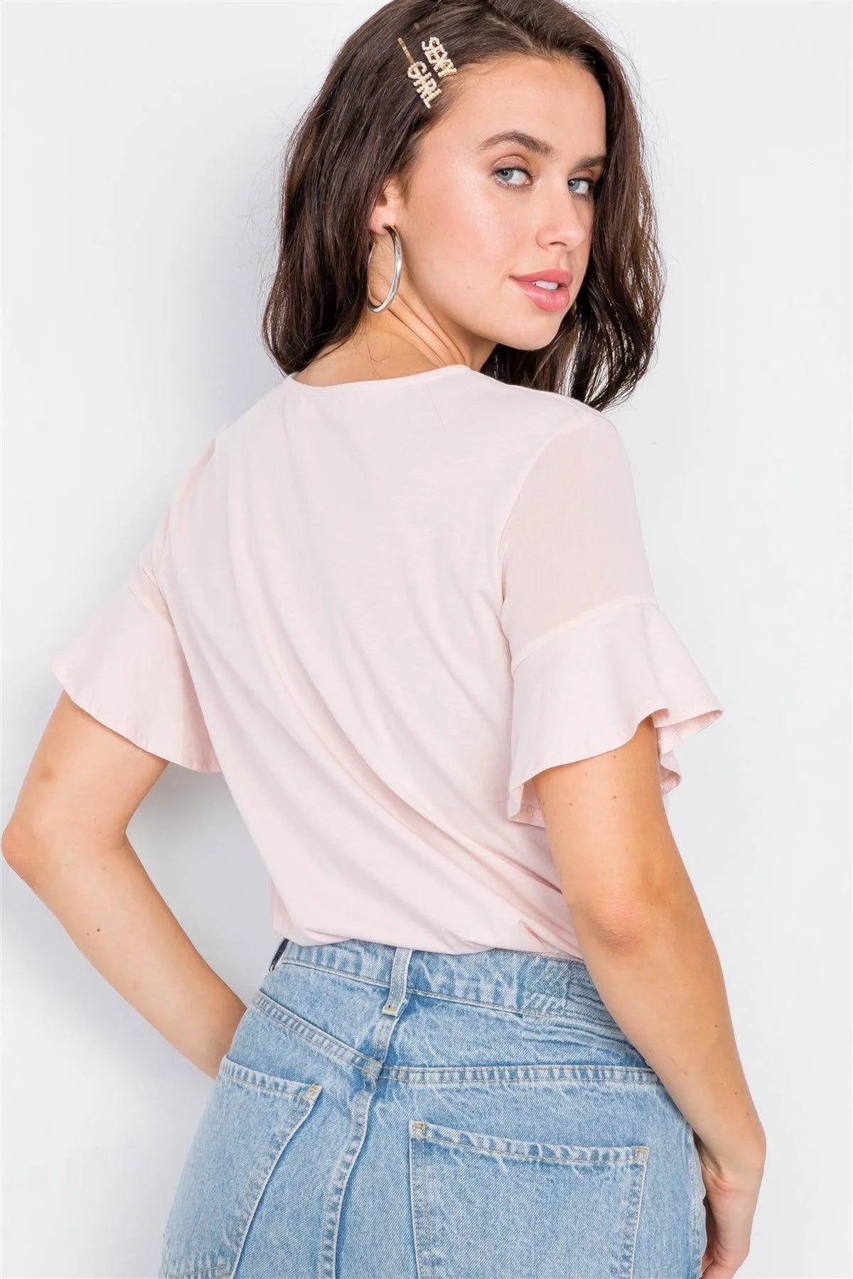 Pale Pink Sheer Shoulder Flounce Short Sleeve Top /3-2-1 - Tasha Apparel Wholesale