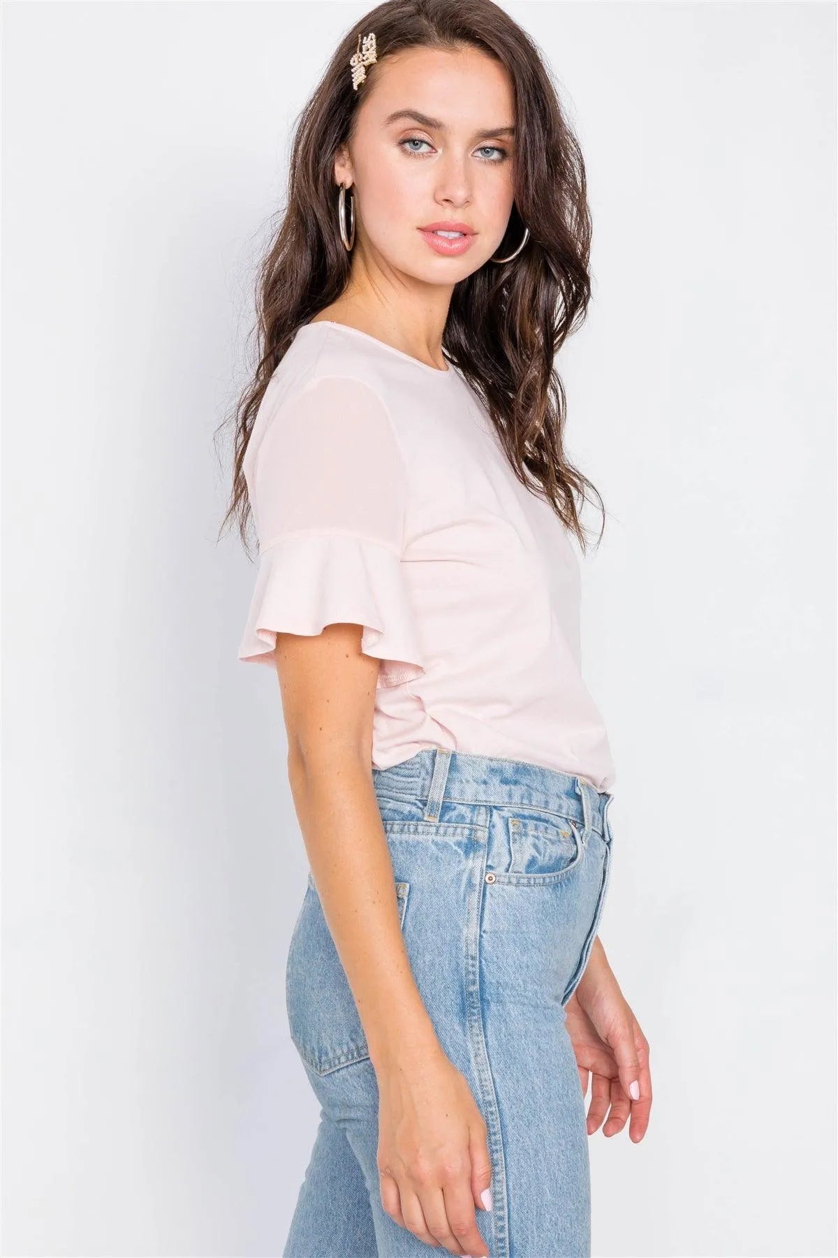 Pale Pink Sheer Shoulder Flounce Short Sleeve Top /3-2-1 - Tasha Apparel Wholesale