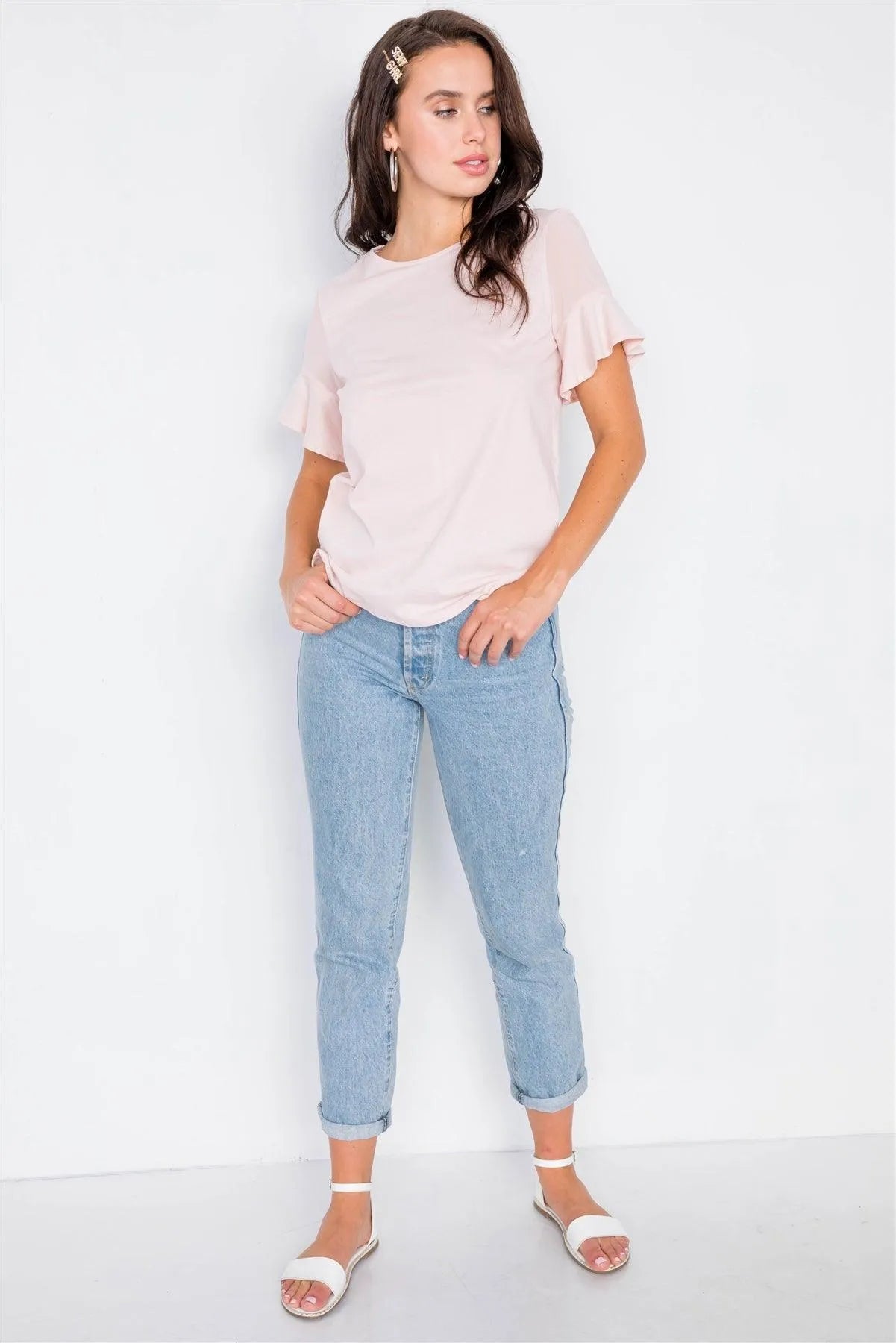 Pale Pink Sheer Shoulder Flounce Short Sleeve Top /3-2-1 - Tasha Apparel Wholesale