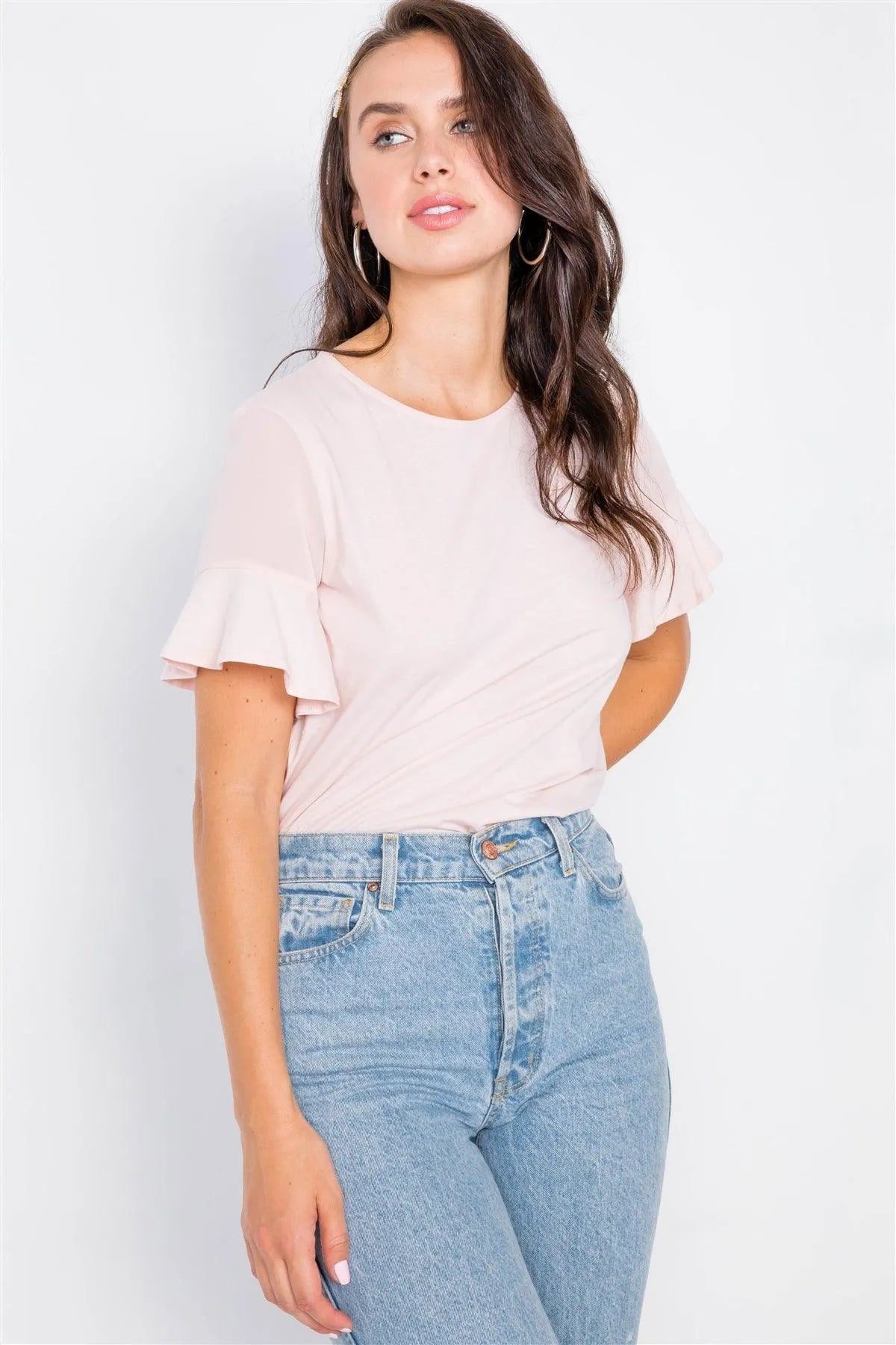 Pale Pink Sheer Shoulder Flounce Short Sleeve Top /3-2-1 - Tasha Apparel Wholesale