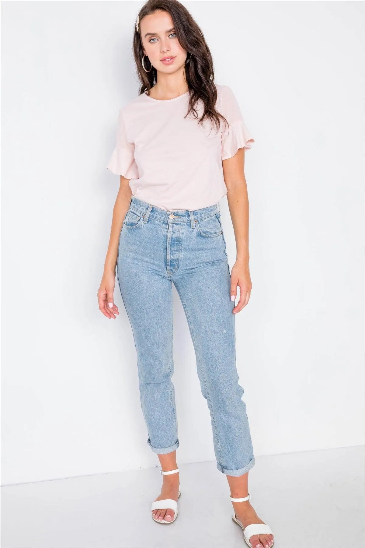 Pale Pink Sheer Shoulder Flounce Short Sleeve Top /3-2-1 - Tasha Apparel Wholesale
