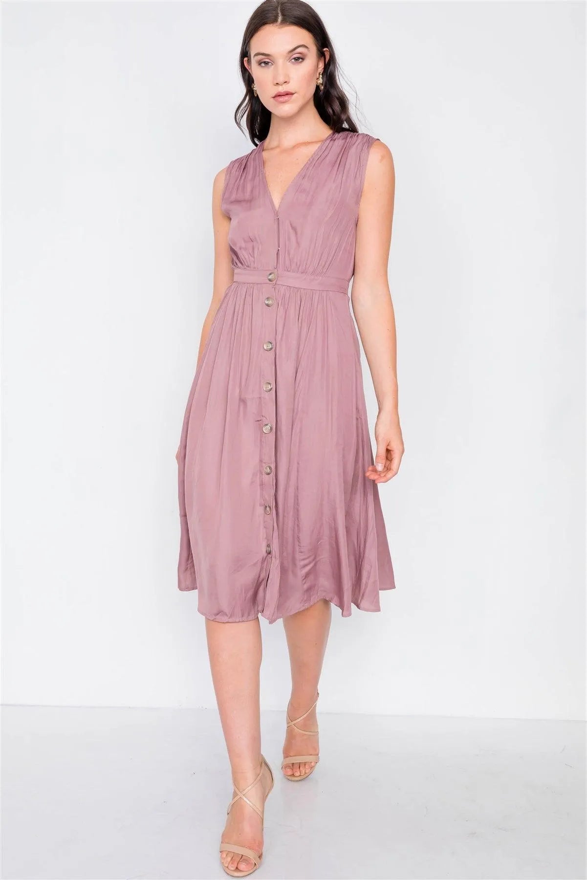 Mauve A-Line Pleated Flowy Satin Midi Dress /3-2-1 - Tasha Apparel Wholesale