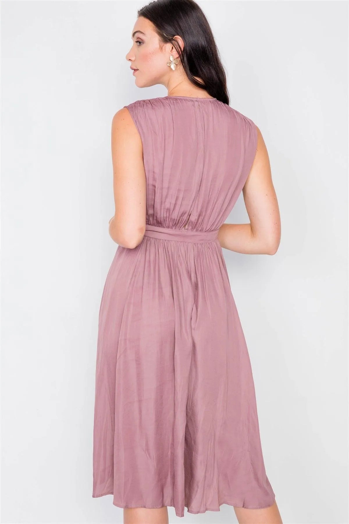 Mauve A-Line Pleated Flowy Satin Midi Dress /3-2-1 - Tasha Apparel Wholesale