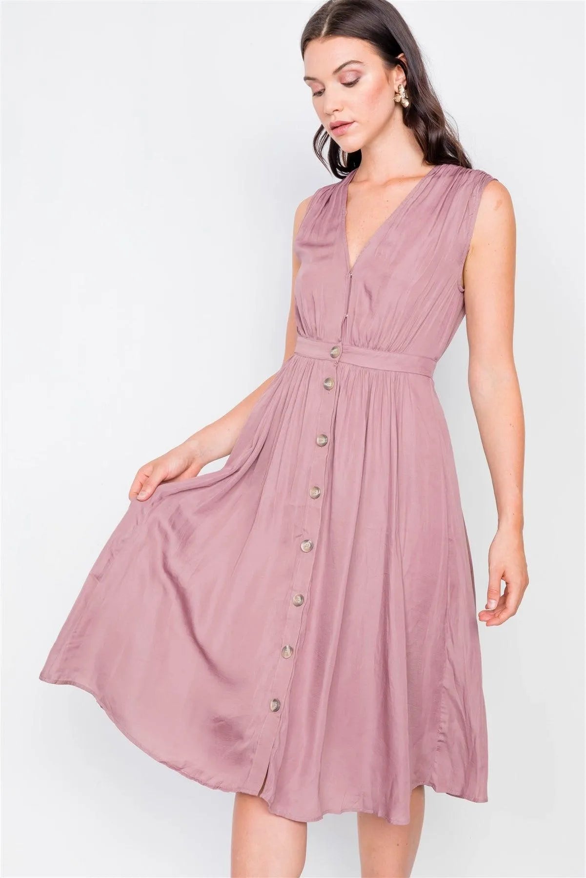 Mauve A-Line Pleated Flowy Satin Midi Dress /3-2-1 - Tasha Apparel Wholesale