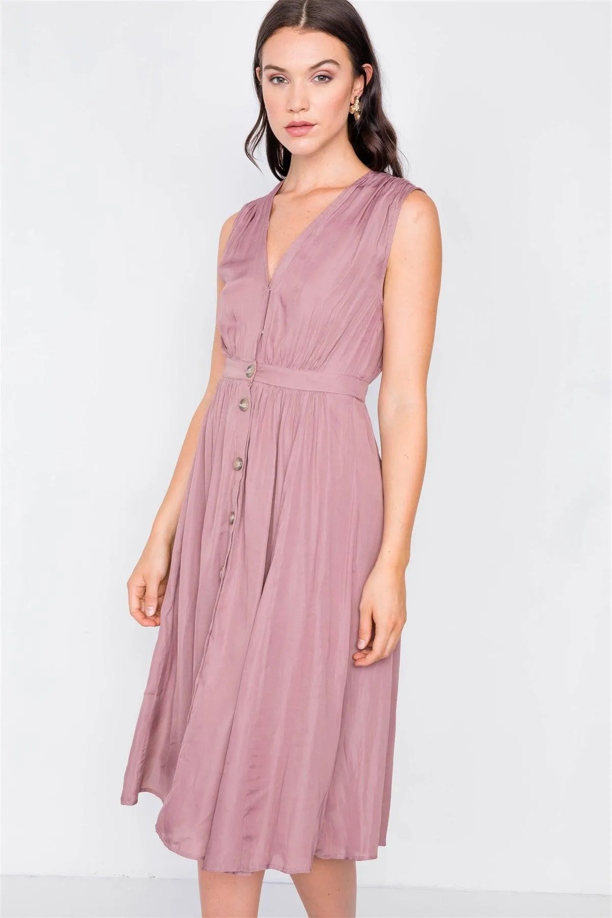 Mauve A-Line Pleated Flowy Satin Midi Dress /3-2-1 - Tasha Apparel Wholesale