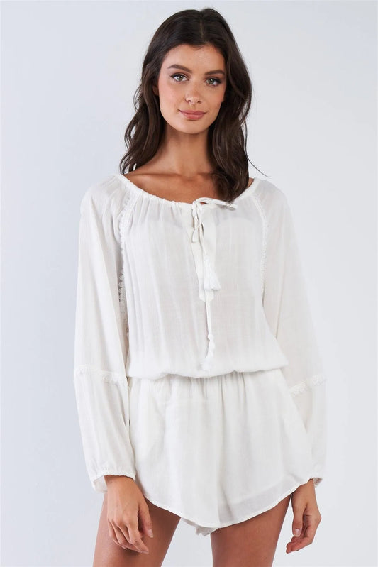 Off White Long Sleeve Loose Fit Elastic Waisted Boho Lace Chiffon Romper /3-2-1 - Tasha Apparel Wholesale