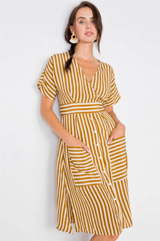 Mustard & Cream Tulip Hem Dolman Sleeve Midi Dress /3-2-1 - Tasha Apparel Wholesale