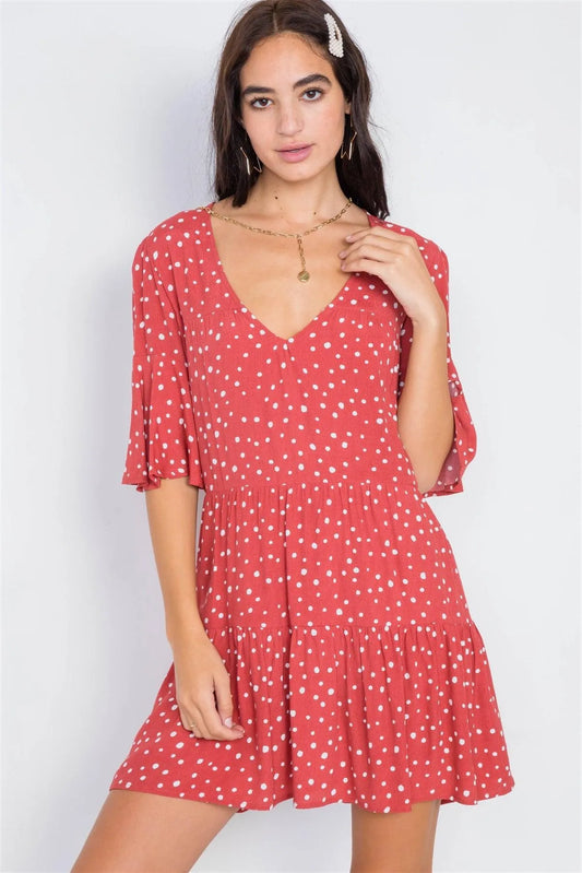 Clay Polkadot Boho Chic Flounce Sleeve Mini Dress /3-2-1 - Tasha Apparel Wholesale