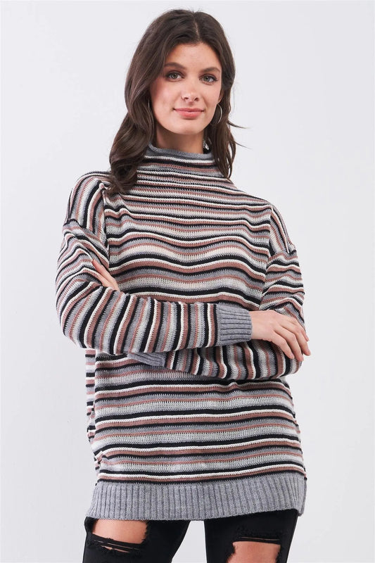 Grey Multi Woolen Striped Turtle Neck Long Sleeve Loose Fit Multi-Knit Sweaters /3-2-1 - Tasha Apparel Wholesale