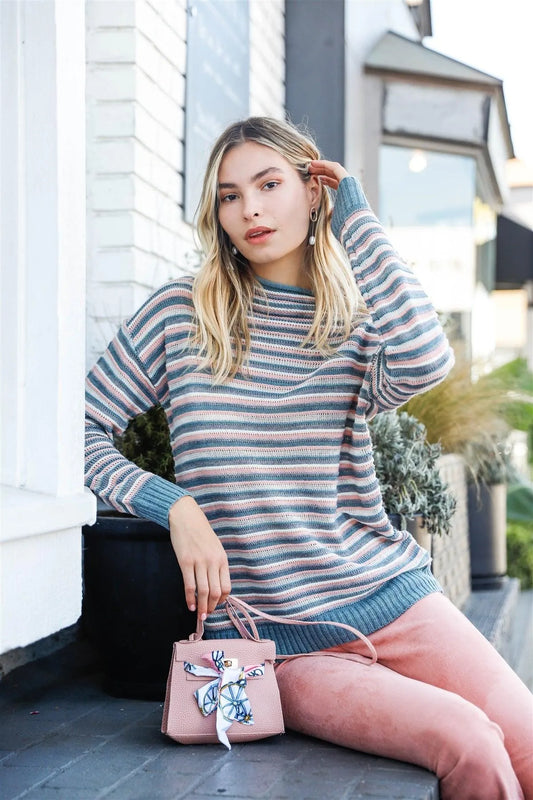 Teal Pink Multi Woolen Striped Turtle Neck Long Sleeve Loose Fit Multi-Knit Sweaters /3-2-1 - Tasha Apparel Wholesale