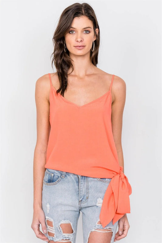 Tangerine Self Tie Side Sash V-Neck Casual Cami Top /3-2-1 - Tasha Apparel Wholesale