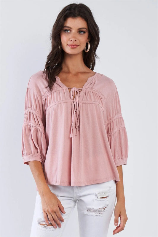 Dusty Pink Boho Chic Mid Arm Sleeve V-Neck Front Tie Loose Fit Top /3-2-1 - Tasha Apparel Wholesale