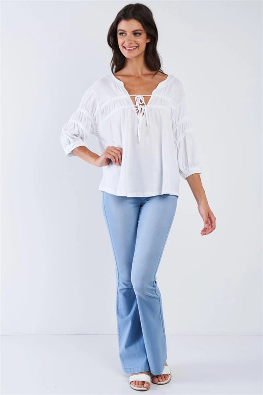 White Boho Chic Mid Arm Sleeve V-Neck Front Tie Loose Fit Top /3-2-1 - Tasha Apparel Wholesale