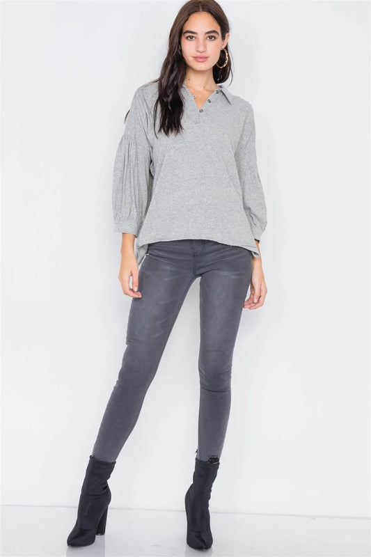 Heather Grey Cotton Raw Hem V-Neck Cinched Top /3-2-1 - Tasha Apparel Wholesale