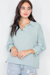Sage Cotton Raw Hem V-Neck Cinched Top /3-2-1 - Tasha Apparel Wholesale