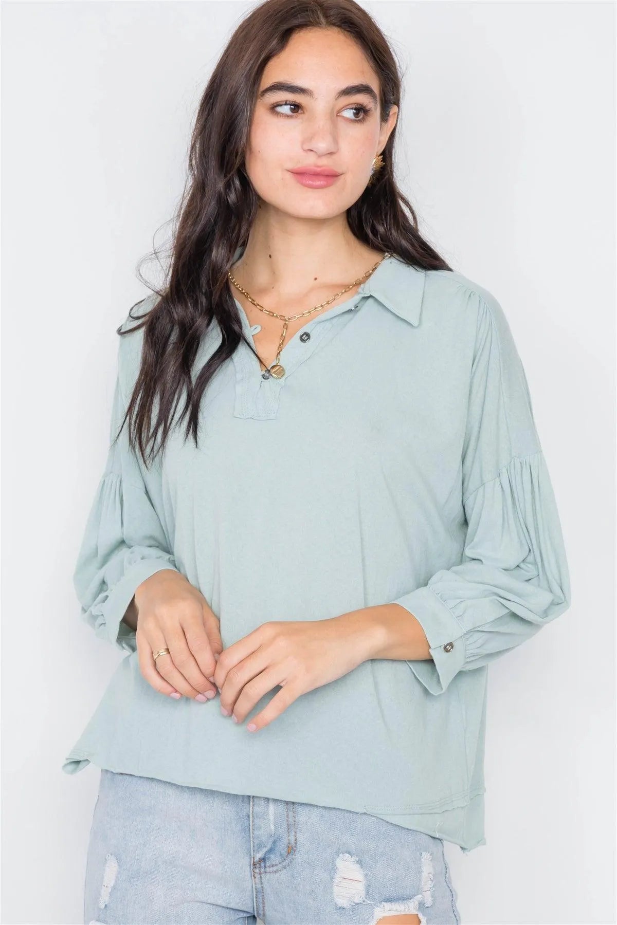Sage Cotton Raw Hem V-Neck Cinched Top /3-2-1 - Tasha Apparel Wholesale