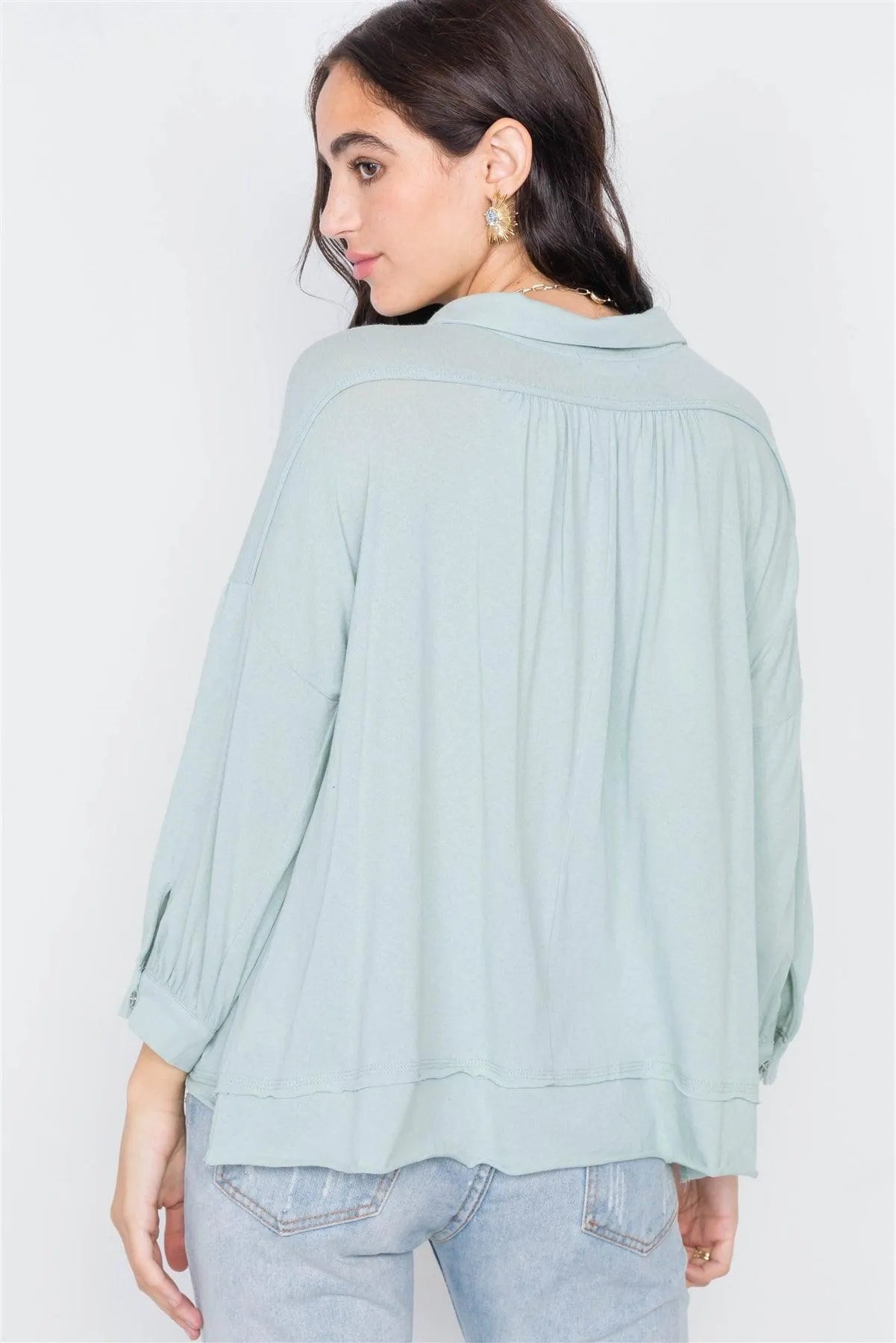 Sage Cotton Raw Hem V-Neck Cinched Top /3-2-1 - Tasha Apparel Wholesale