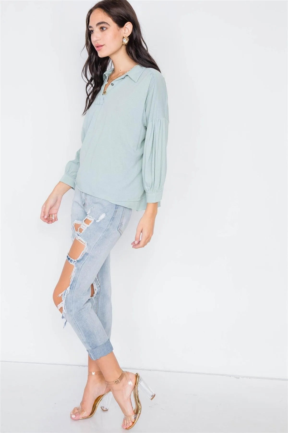 Sage Cotton Raw Hem V-Neck Cinched Top /3-2-1 - Tasha Apparel Wholesale
