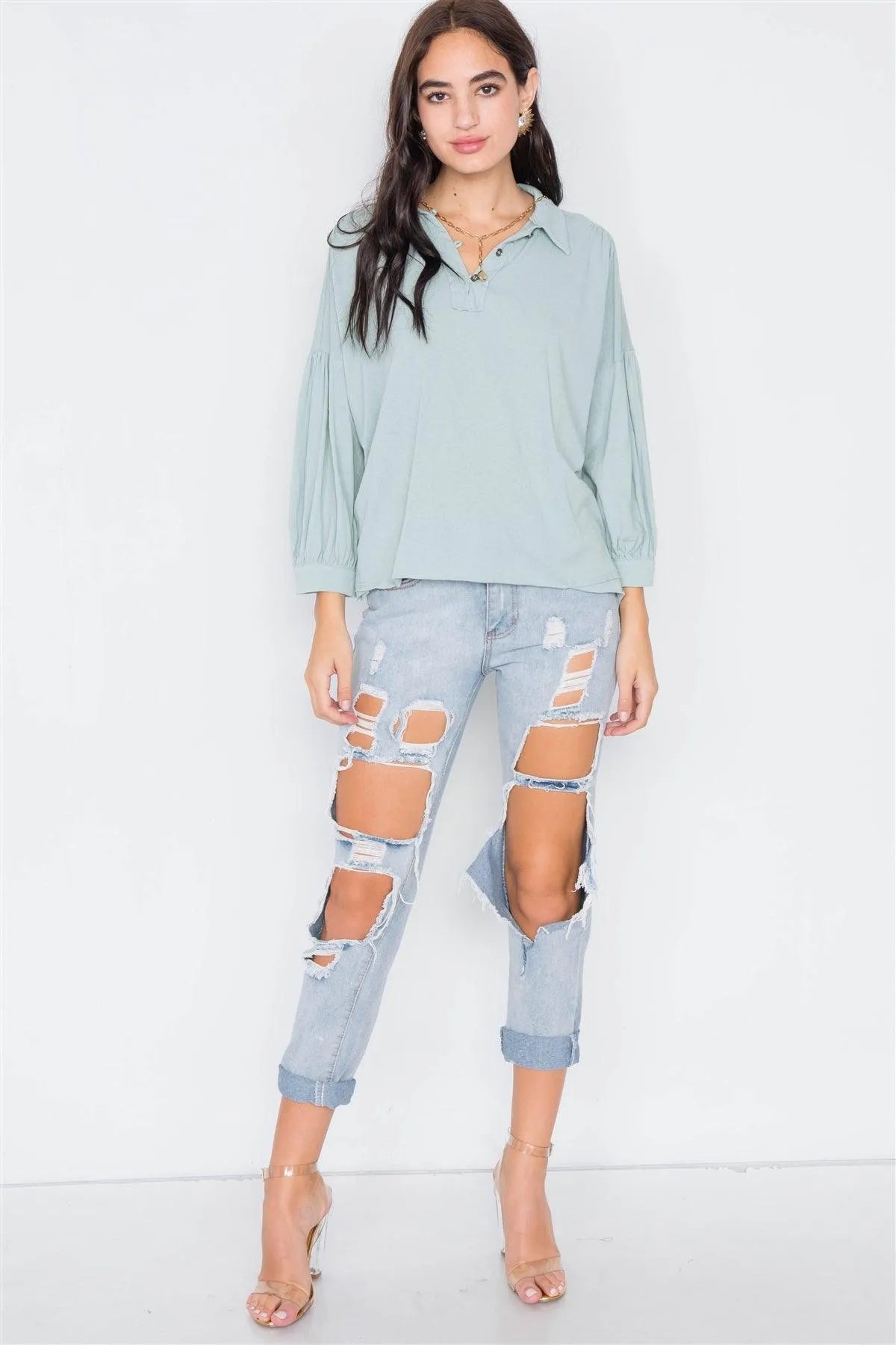 Sage Cotton Raw Hem V-Neck Cinched Top /3-2-1 - Tasha Apparel Wholesale