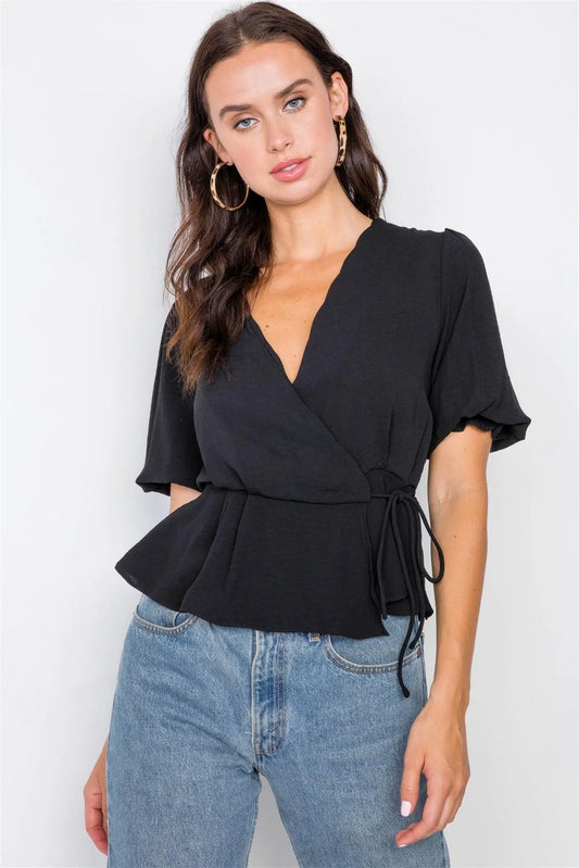 Black Scallop Wrap Peplum Top /3-2-1 - Tasha Apparel Wholesale