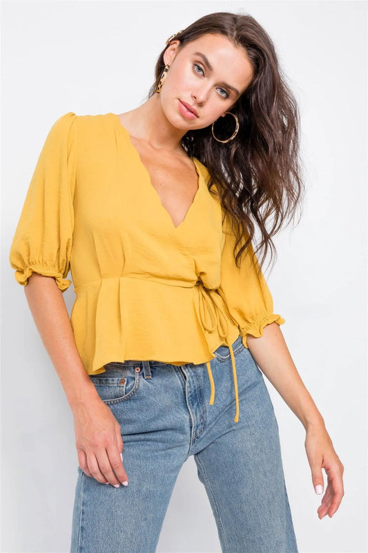 Mustard Scallop Wrap Peplum Top /3-2-1 - Tasha Apparel Wholesale