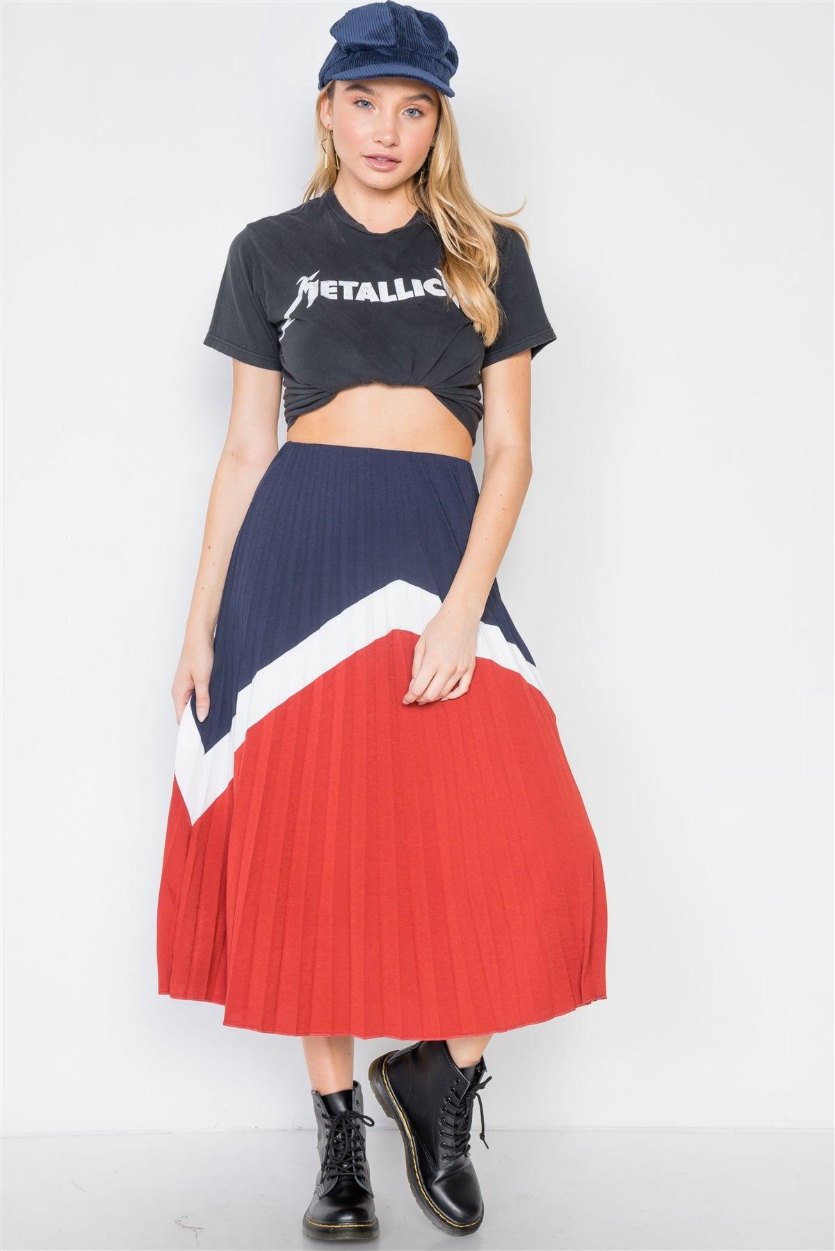 Navy Brick Accordion Colorblock Pleated Knit Skirt /3-2-1