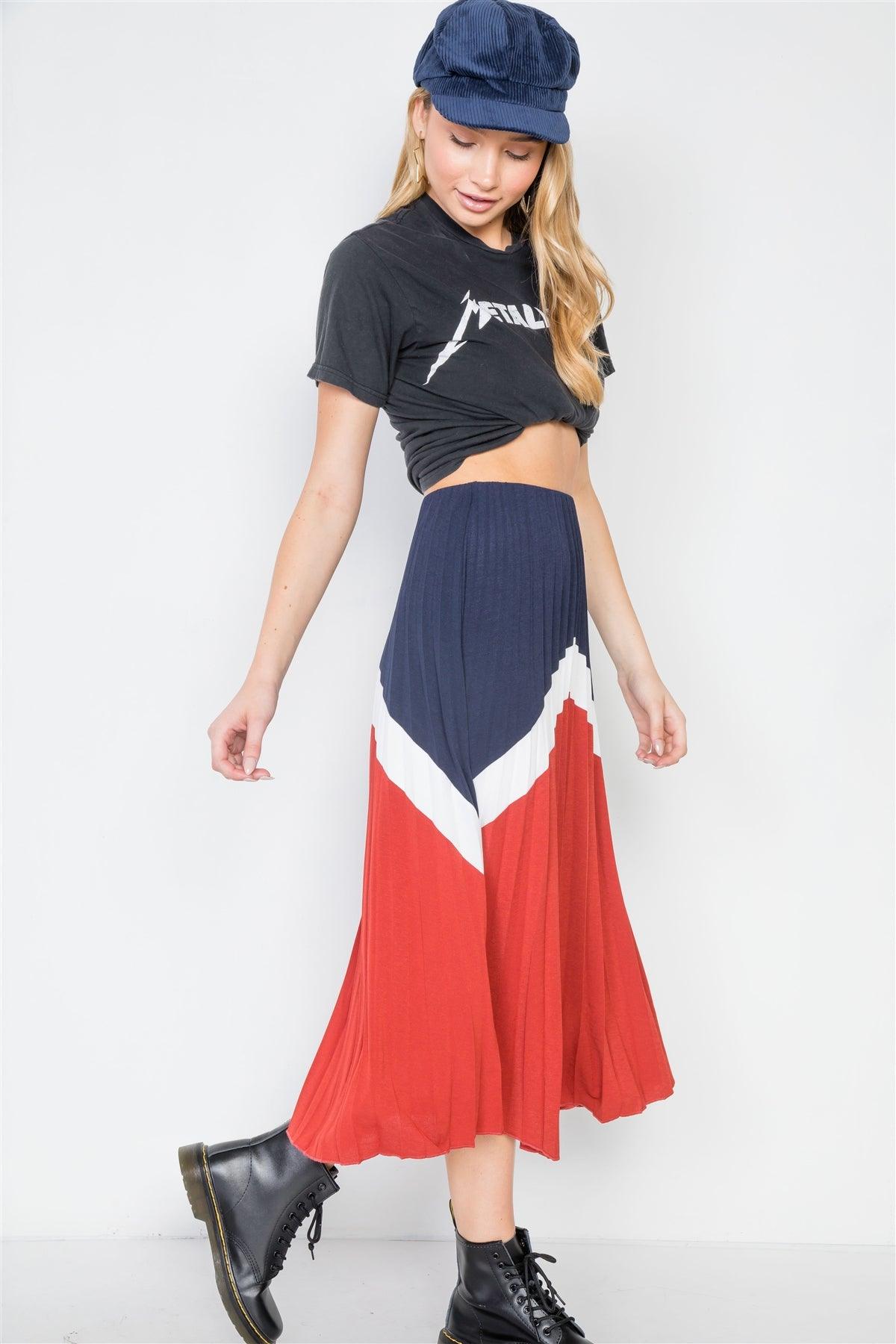 Navy Brick Accordion Colorblock Pleated Knit Skirt /3-2-1