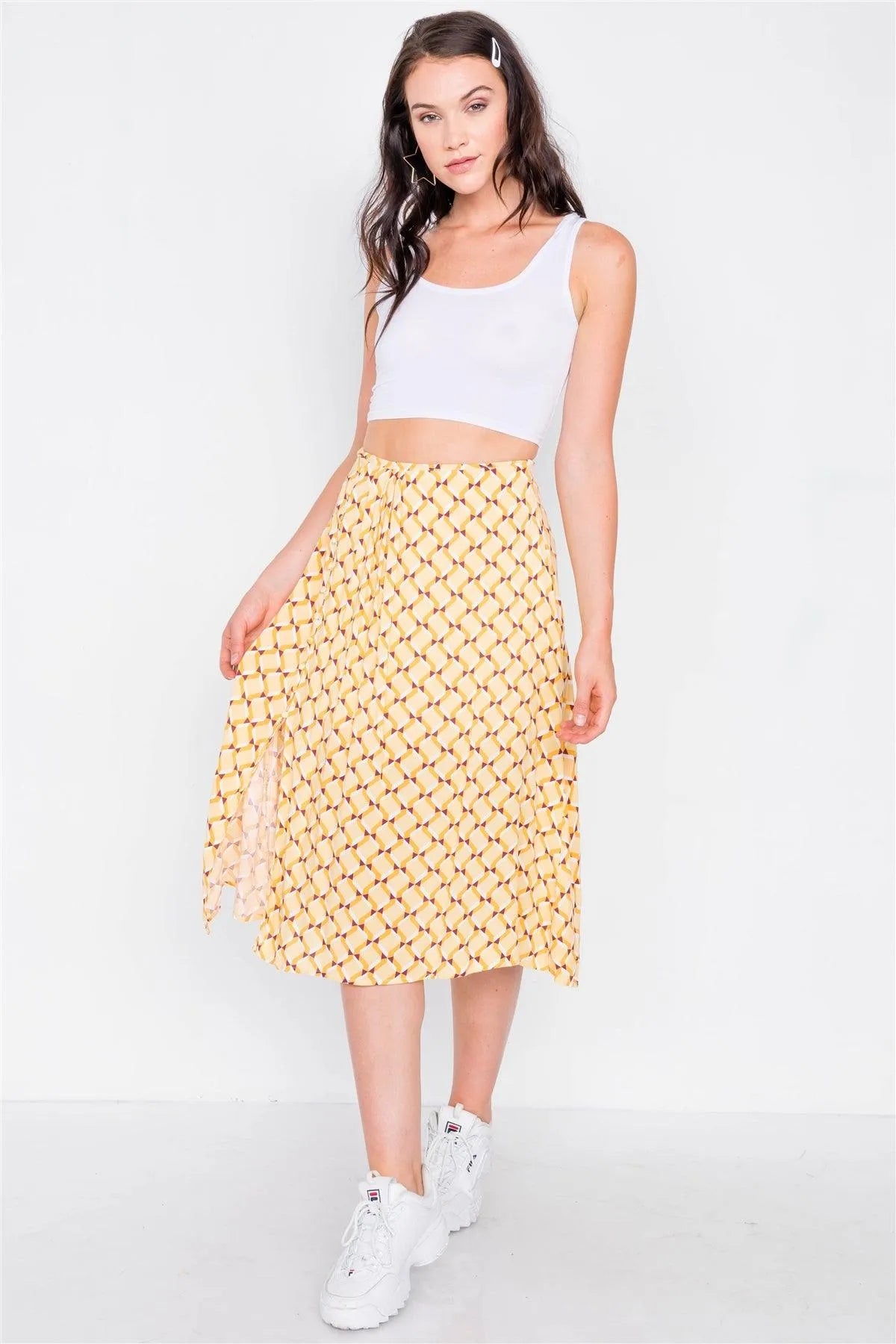 Mustard Geo Print Pleated High-Waisted Midi Skirt /3-2-1 - Tasha Apparel Wholesale