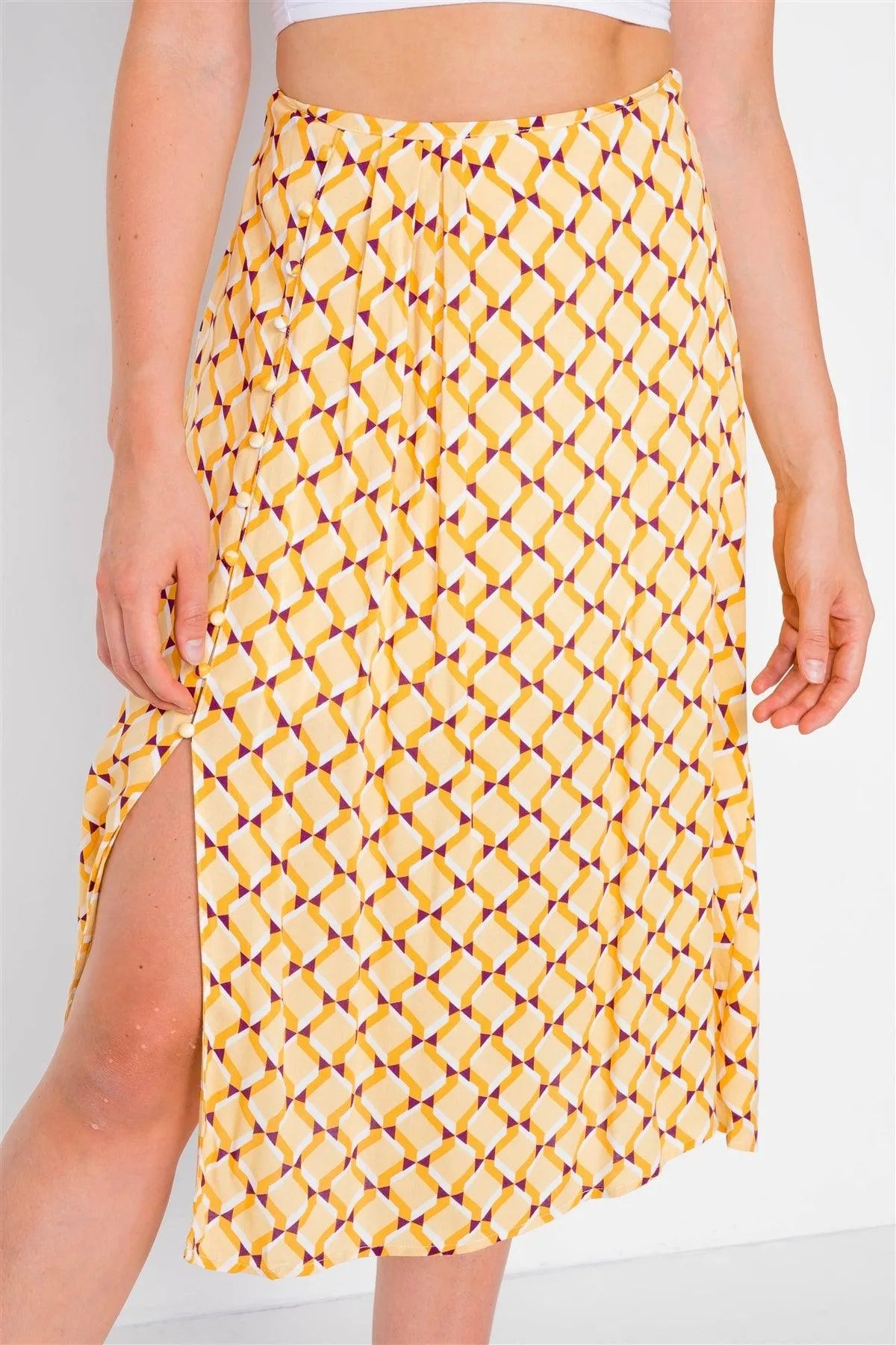 Mustard Geo Print Pleated High-Waisted Midi Skirt /3-2-1 - Tasha Apparel Wholesale