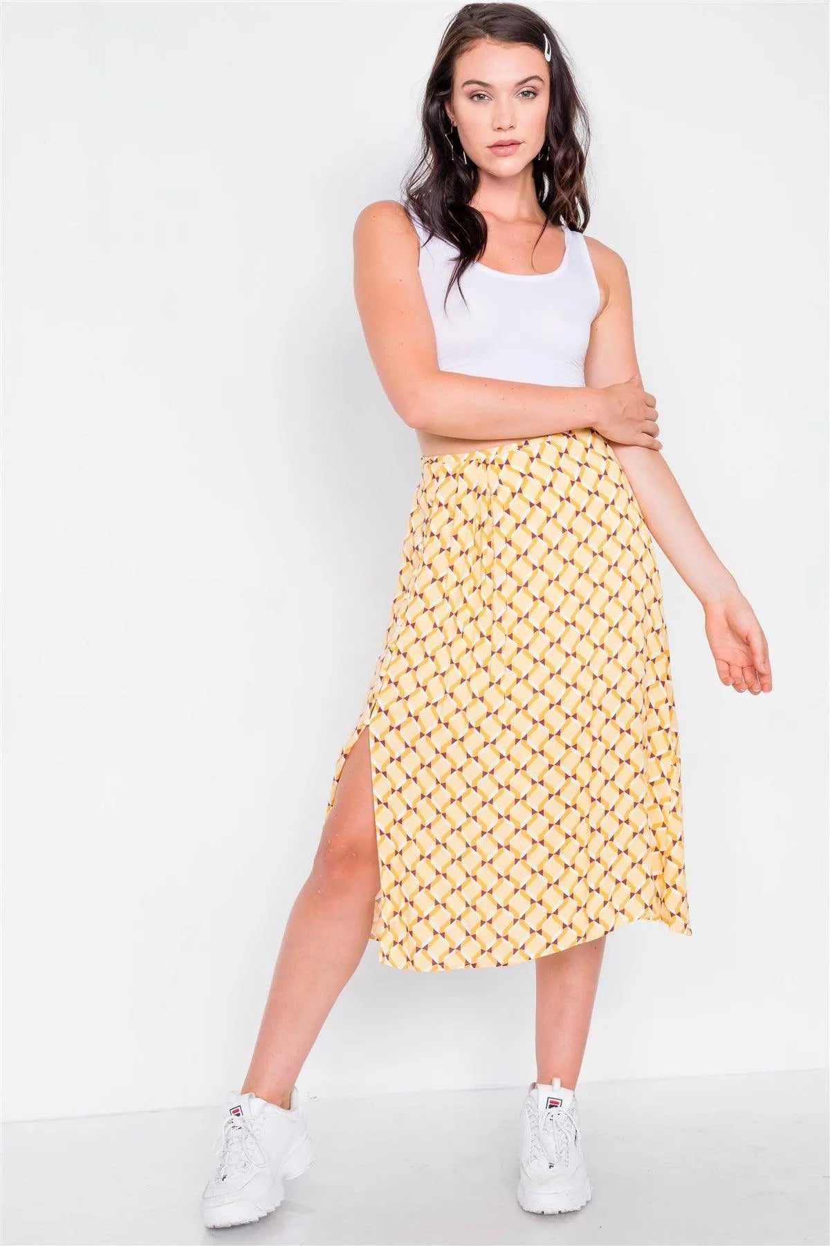 Mustard Geo Print Pleated High-Waisted Midi Skirt /3-2-1 - Tasha Apparel Wholesale
