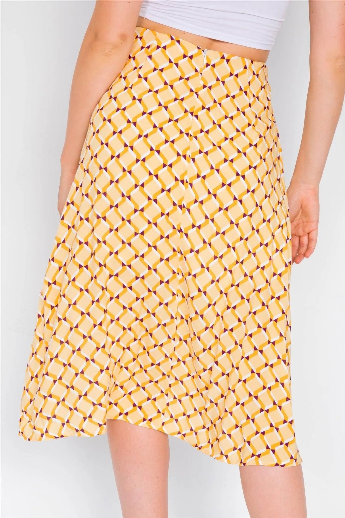 Mustard Geo Print Pleated High-Waisted Midi Skirt /3-2-1 - Tasha Apparel Wholesale