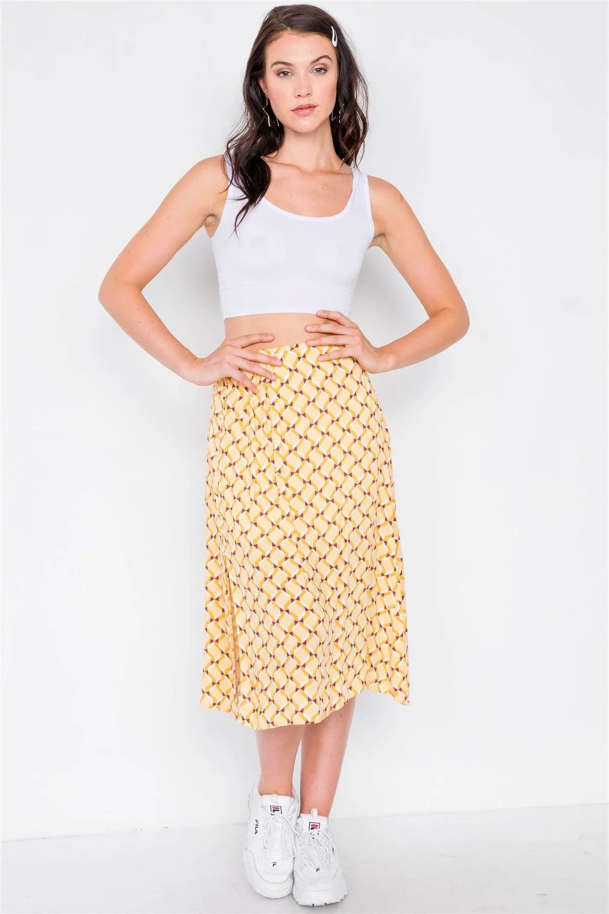 Mustard Geo Print Pleated High-Waisted Midi Skirt /3-2-1 - Tasha Apparel Wholesale