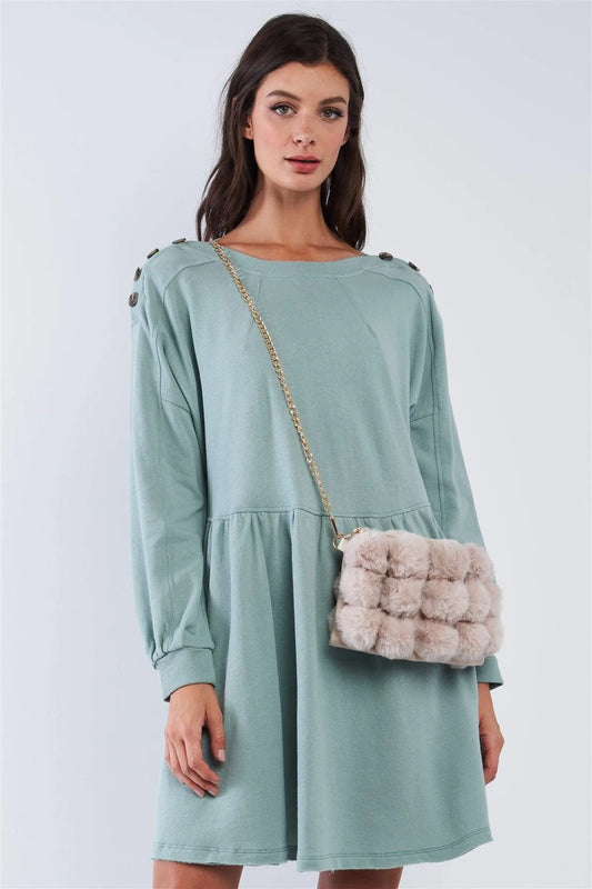 Sage Green Babydoll Loose Fit Crew Neck Long Puff Sleeve Mini Dress With Decorative Buttoned Shoulder Detail /3-2-1 - Tasha Apparel Wholesale