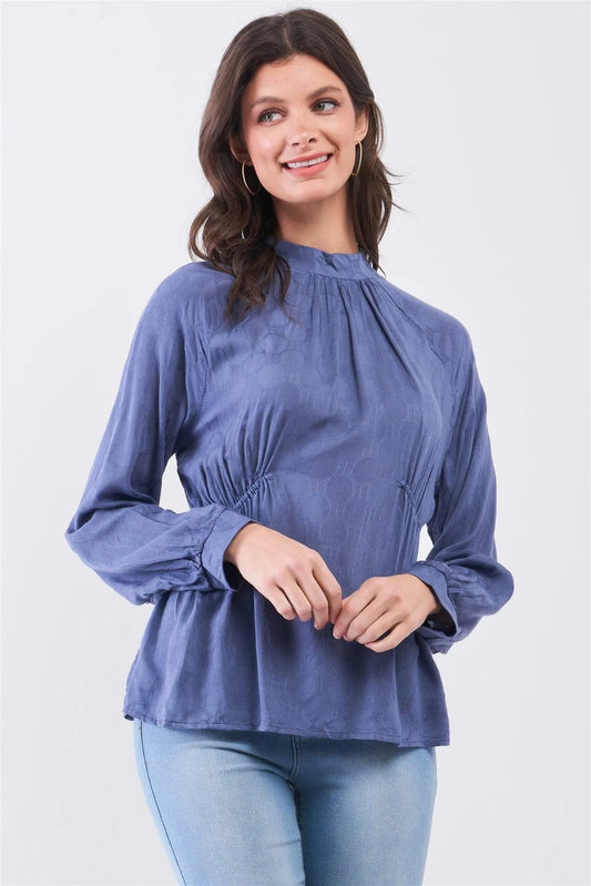 Indian Blue Boho Circle Pattern Mock Neck Long Sleeve Blouse Top /3-2-1 - Tasha Apparel Wholesale