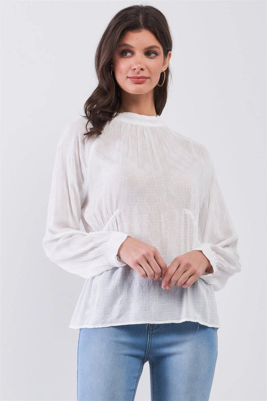 Boho White Circle Pattern Mock Neck Long Sleeve Blouse Top /3-2-1 - Tasha Apparel Wholesale