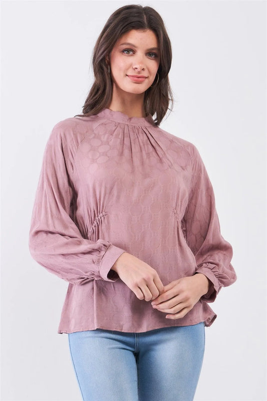 Boho Wood Rose Circle Pattern Mock Neck Long Sleeve Blouse Top /3-2-1 - Tasha Apparel Wholesale