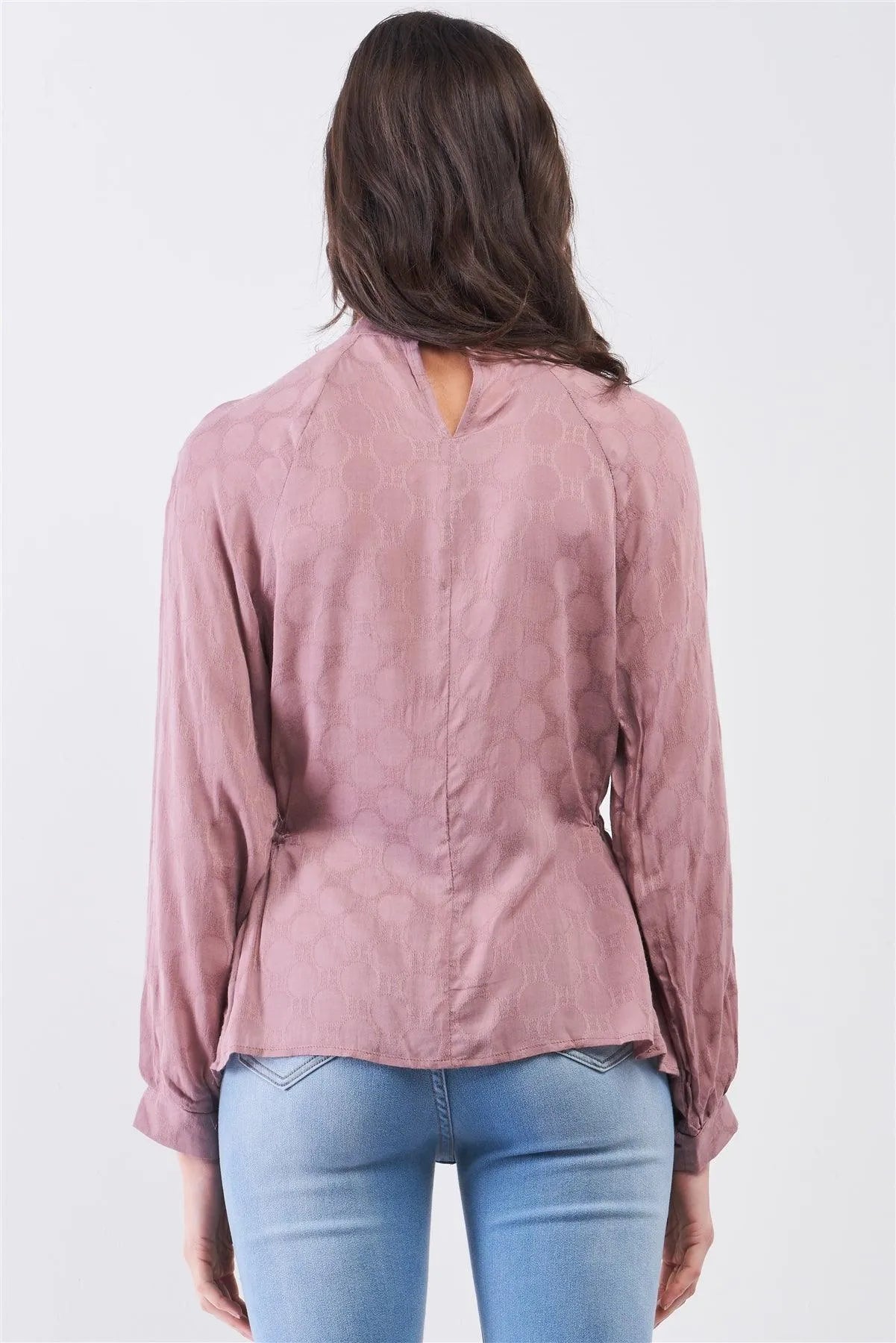 Boho Wood Rose Circle Pattern Mock Neck Long Sleeve Blouse Top /3-2-1 - Tasha Apparel Wholesale